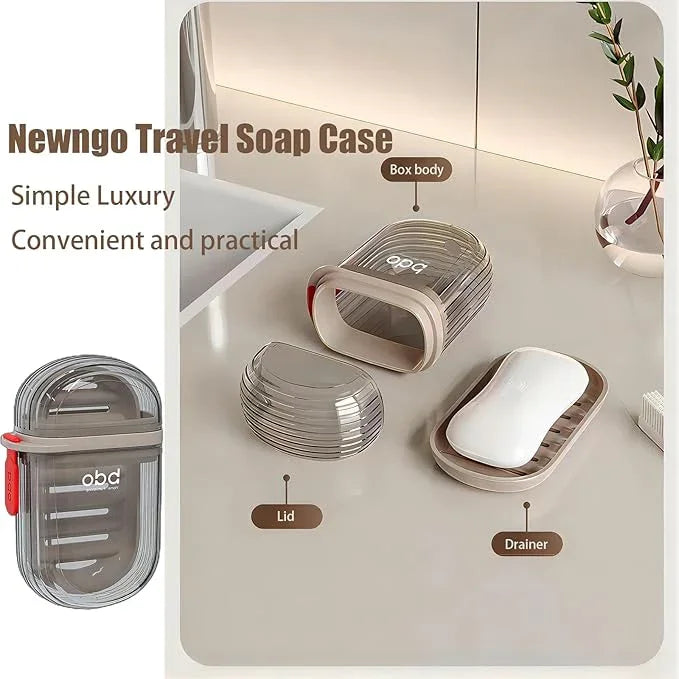 Newngo travel soap case with lid, box body, drainer, and white soap on bathroom counter
