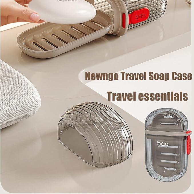 Newngo travel soap case with soap, plastic cover, and travel essentials on countertop
