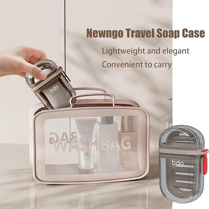 Hand placing Newngo travel soap case into clear wash bag with toiletries, lightweight design