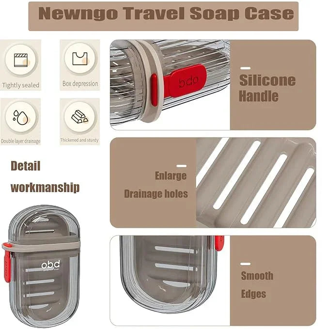 Newngo travel soap case with silicone handle, enlarged drainage holes, and smooth edges