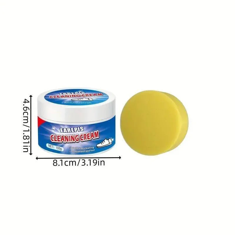 EAREPIS cleaning cream jar with blue label and yellow sponge, product dimensions shown