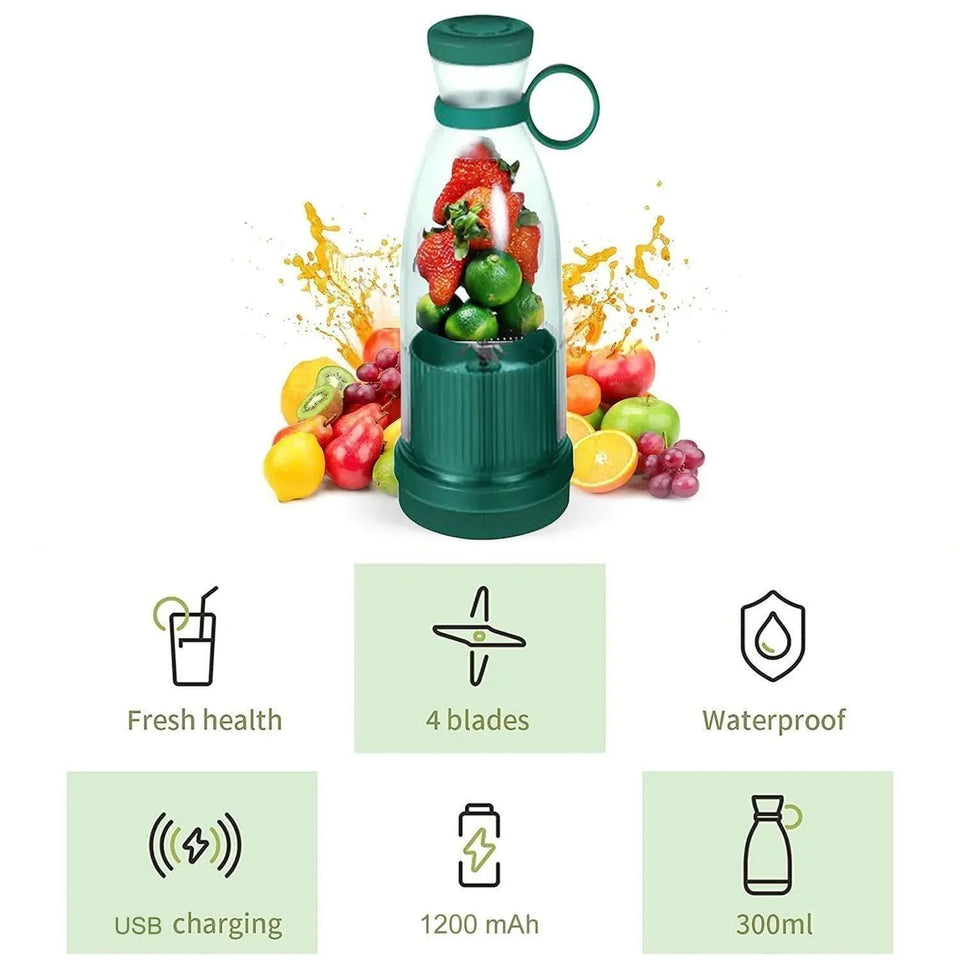 Portable blender with green base, filled with fresh fruits, surrounded by fruit and feature icons