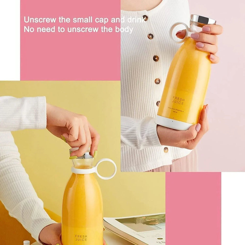 Woman holding yellow Fresh Juice bottle with a small screw cap, modern kitchen accessory