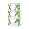 Four-tier plastic storage rack with white shelves and green cross-frame legs