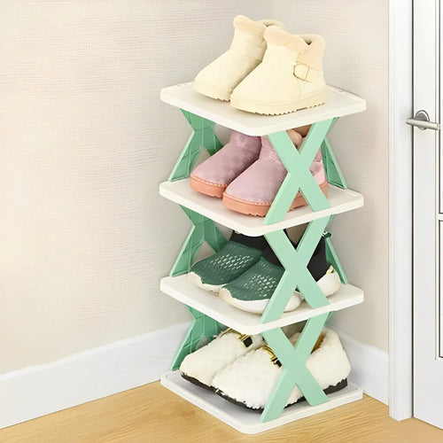 Corner shoe rack with four pairs of shoes in a modern room, space-saving storage organizer