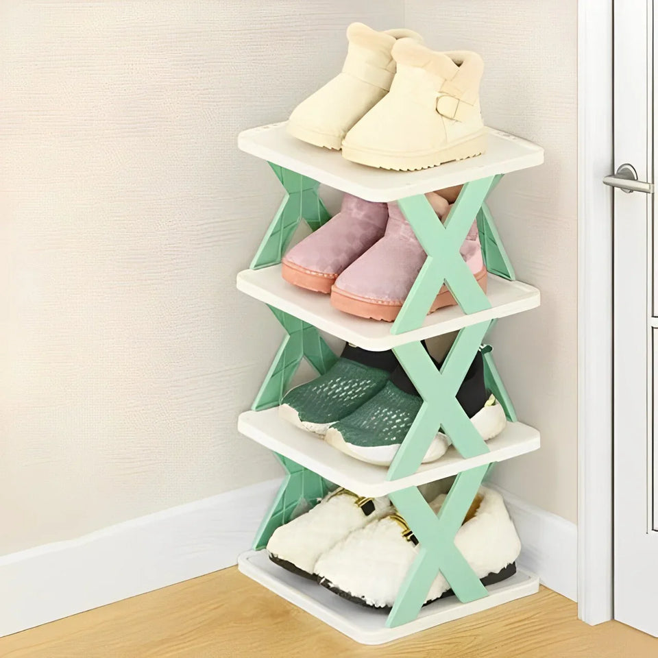 Corner shoe rack with four pairs of shoes in a modern room, space-saving storage organizer