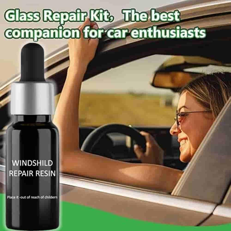 Windshield repair resin bottle next to smiling woman driving car, glass repair kit for vehicles