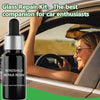 Windshield repair resin bottle next to smiling woman driving car, glass repair kit for vehicles