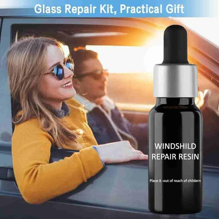 Windshield repair resin bottle next to smiling woman driving car, glass repair kit for vehicles