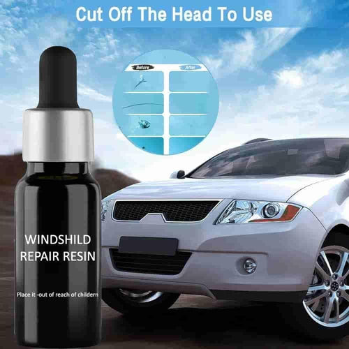 Windshield repair resin bottle in front of a white car with before and after glass repair diagram.