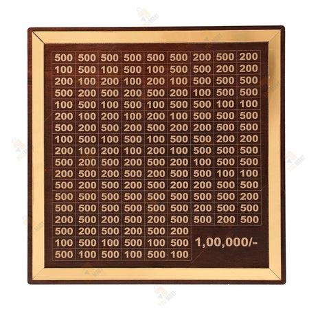 Wooden box with gold-bordered panel displaying currency denominations and total 1,00,000 label