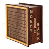 Wooden money bank box with coin slot and labeled savings grid, brown with gold trim
