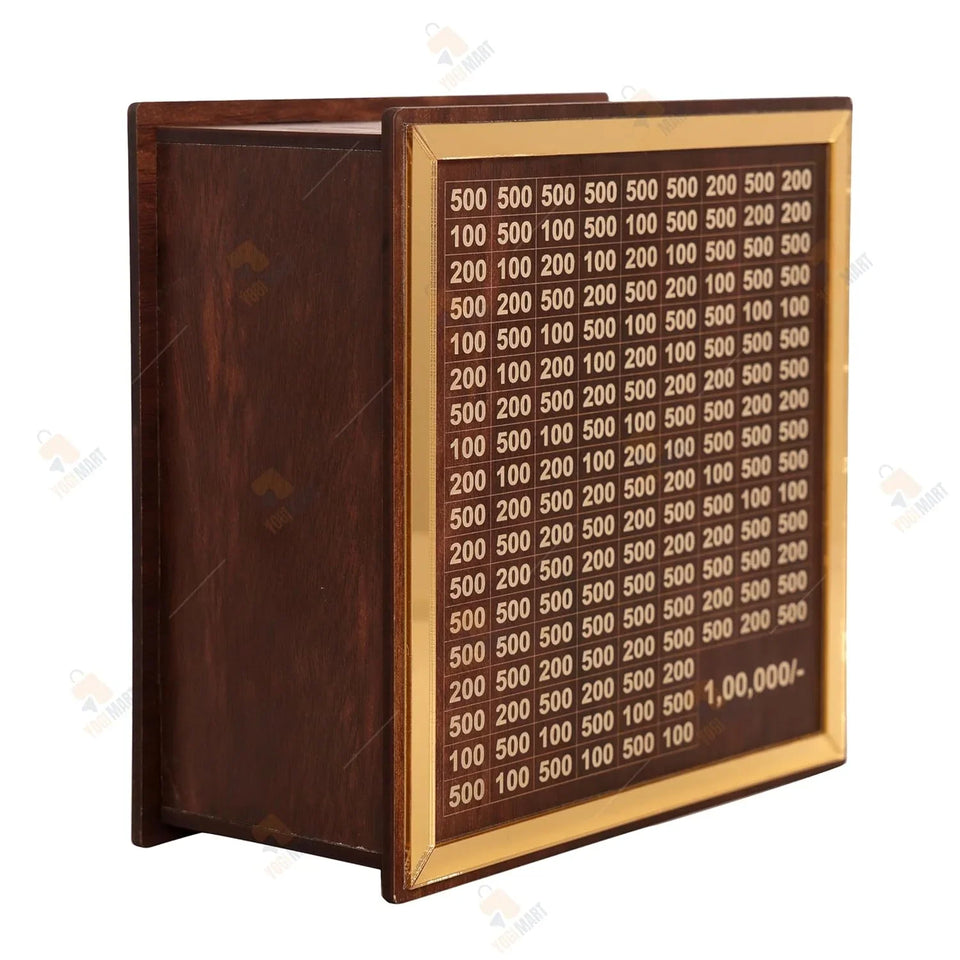 Wooden money box with gold frame and grid of numbers, shop display cash donation box