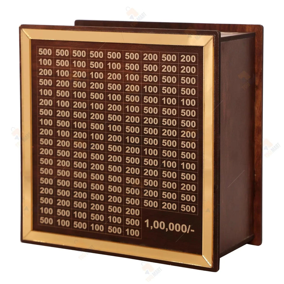 Wooden box with gold-bordered panel displaying currency denominations and total 1,00,000 label