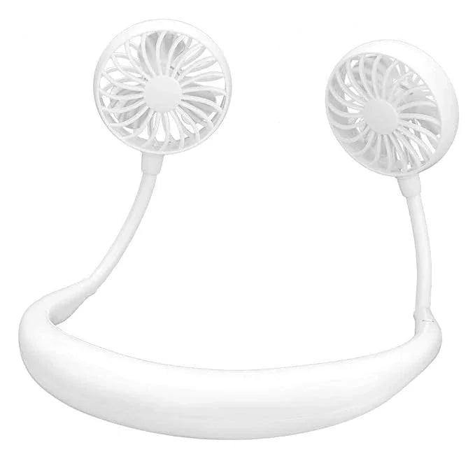 White portable neck fan with dual adjustable fan heads on white background