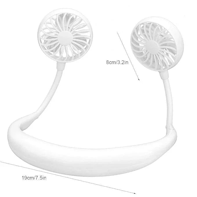 White portable neck fan with dual round fans, 19cm by 8cm dimensions, on white background.