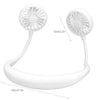 White portable neck fan with dual round fans, 19cm by 8cm dimensions, on white background.