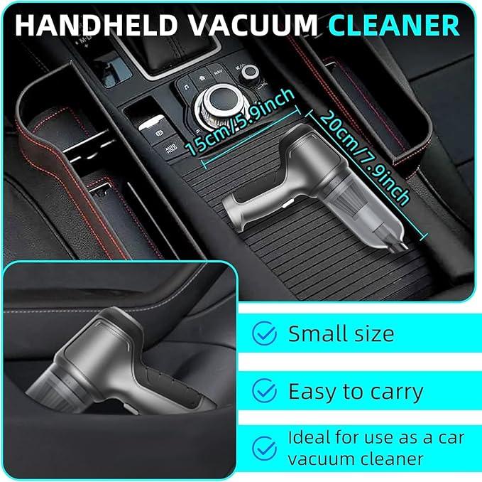 Handheld vacuum cleaner for cars, compact size, easy to carry, shown in vehicle interior.