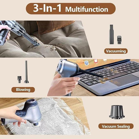 Handheld vacuum cleaner for cars, compact size, easy to carry, shown in vehicle interior.