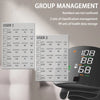Digital blood pressure monitor showing group management, two user records, health data storage