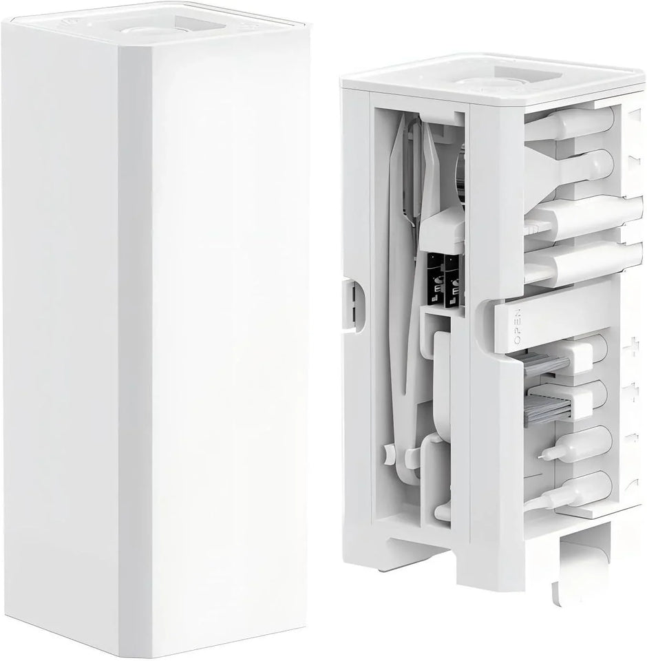 White compact portable cutlery set with utensils organized in slots