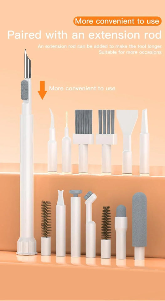 Multi-head cleaning kit with extension rod and various brush, scraper, and cleaning tool attachments, beige background