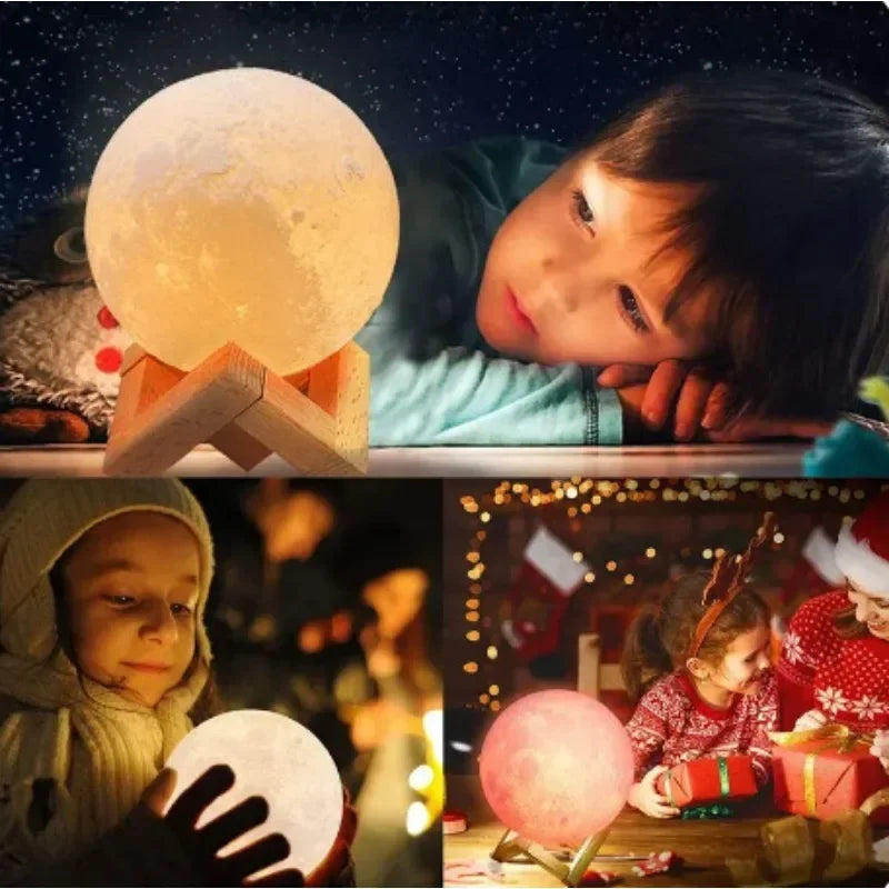 Children with decorative moon lamp night light in cozy indoor settings