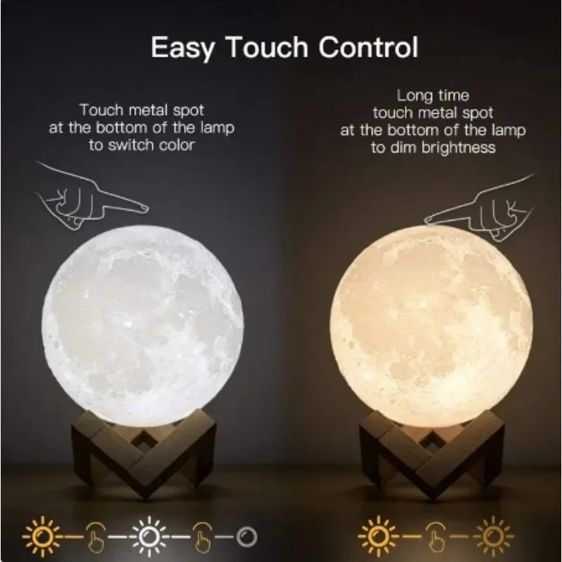 Moon lamp with touch control, color changing and dimmable on wooden stand, two light modes