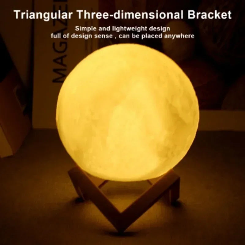 Glowing moon lamp on triangular wooden bracket, modern night light decor