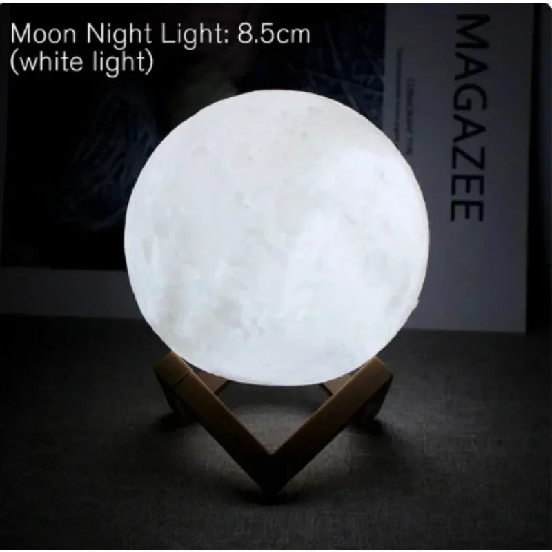 8.5cm white moon night light on wooden stand, glowing on a table, home decor lamp