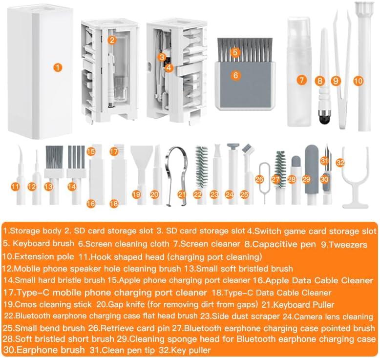 32-in-1 multi-functional electronics cleaning kit with brushes, wipes, and tool accessories organized in white storage case, ideal for keyboard, phone, camera, and earphone cleaning.