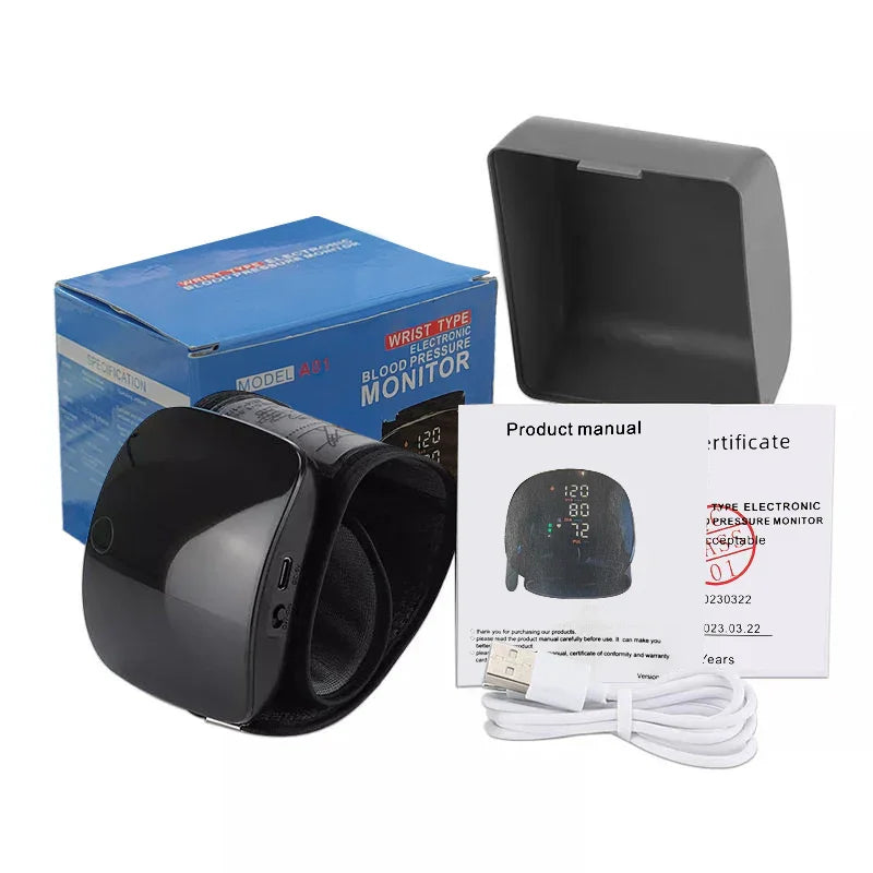 Wrist type electronic blood pressure monitor with box, manual, USB cable, and case