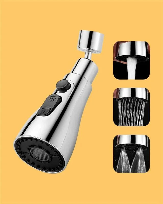 Stainless steel kitchen faucet sprayer head with three water flow modes on yellow background