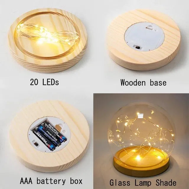 Wooden base glass lamp with 20 LEDs, AAA battery box, and dome glass lamp shade