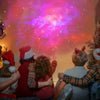 Family in Christmas hats watching colorful galaxy projector near Christmas tree