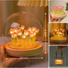 Glass dome tulip night light lamp with wooden base, 4 inch decorative LED flower decor