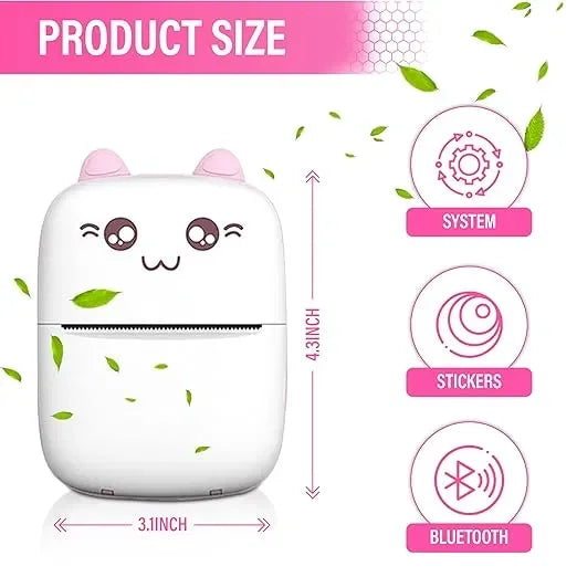 Cute cat-shaped mini printer in white with size measurements, system, stickers, Bluetooth icons