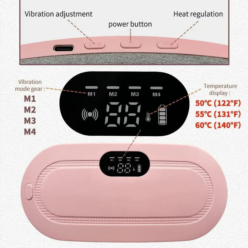 Pink heating pad with digital control display, vibration modes, temperature settings, and USB port