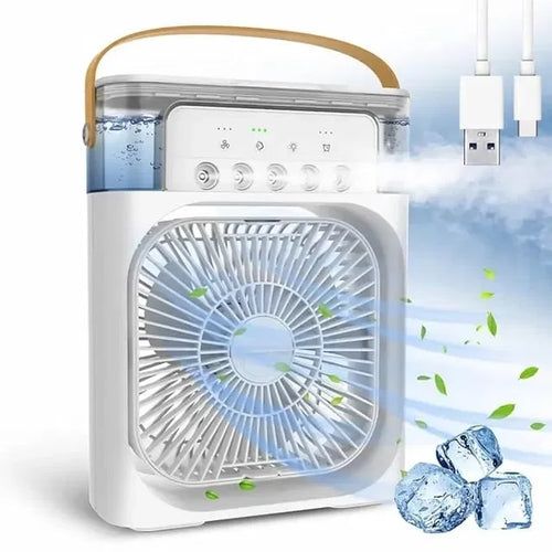 Portable USB air cooler fan with water tank, ice cubes, and cooling airflow effect shown
