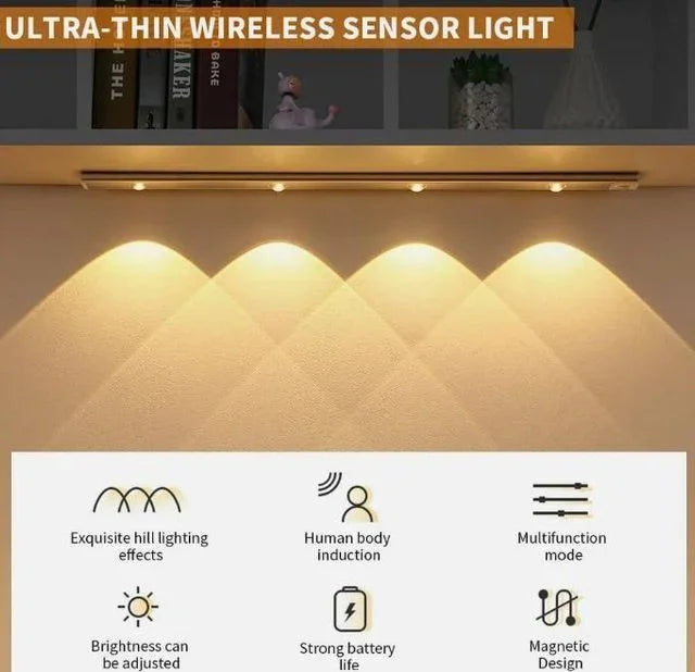 Ultra-thin wireless sensor light mounted under shelf with warm LED lighting and feature icons.