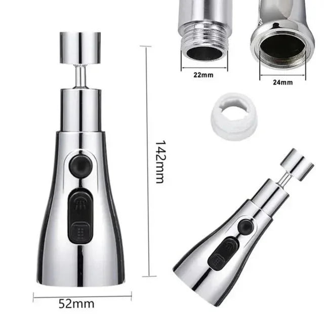 Chrome adjustable kitchen faucet sprayer head with size dimensions, dual spray buttons, 22mm and 24mm fittings.