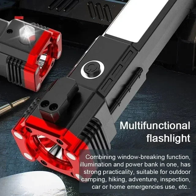 Multifunctional LED flashlight with red and black design, outdoor and emergency tool