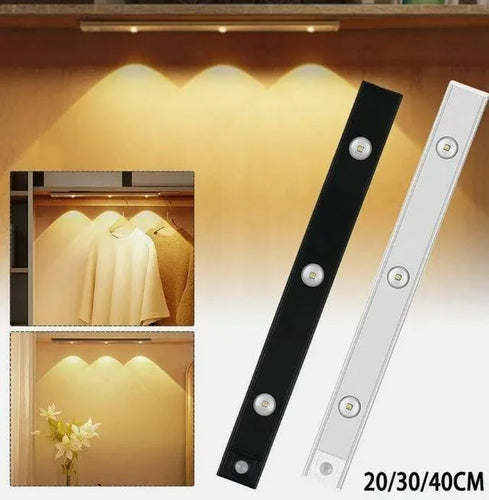 LED wardrobe lights in black and white, used for closet and shelf under cabinet lighting, 20/30/40 cm sizes.