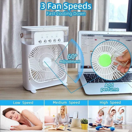 Portable fan humidifier with 600ml tank, adjustable mist levels, and five spray settings.