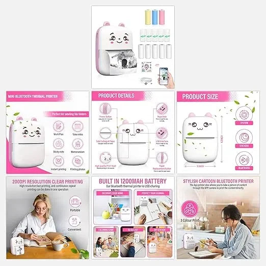 Mini Bluetooth thermal printer infographic with cartoon design, features, and lifestyle images