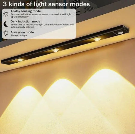 Ultra-thin wireless sensor light mounted under shelf with warm LED lighting and feature icons.