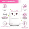 Cute cat face portable thermal printer with pink accents, product details labeled for buttons and features.