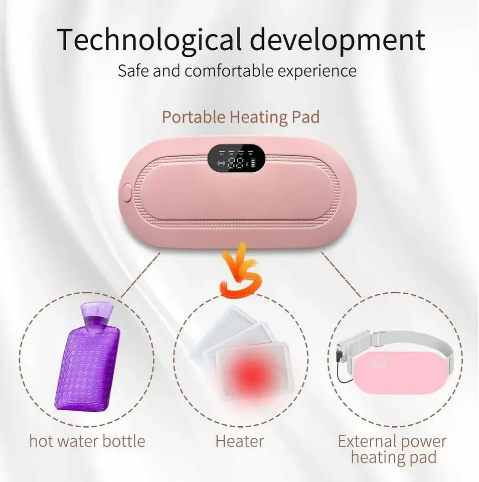 Pink portable heating pad with digital display, compared to hot water bottle and external power heating pad.